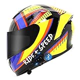Bluetooth-Motorradhelme Für Erwachsene, Kratzfester Sonnenschutz-Visier-Integralhelm, Männer-Frauen-Motorrad-DOT/ECE-Zugelassener Helm, Moped-Street-Bike-Rennhelm Mit Grafik,Yellow Blue b,S