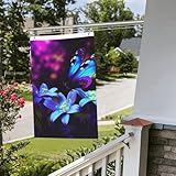 Flagge für den Außenbereich, 90 x 60 cm, strapazierfähig, für drinnen und draußen, lichtbeständig, Hausflagge, blau, lila, Blume, Schmetterling, Wandbanner mit Ösen, Willkommensflaggen für saisonale