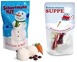 Liebeskummerpillen Schneemann-Baukit & Herzliche Schneemannsuppe, Bau dein eigenes Winterwunder mit 3 Schneebällen, 1 Möhrennase, Knöpfen und 26 g Marshmallows, Ideal zum füllen von Adventskalendern