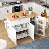 muenfly Weiße Kücheninsel mit Klappbarer Arbeitsplatte, Großer Mobiler Küchenwagen, 132.5x70x90 cm, mit Gewürzregal und 5 Rollen, für Küche/Esszimmer
