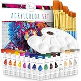 Amandi Van Gaunet Acrylfarben Set – 16 Acryl Farben mit 75ml Pigment & 10 Pinsel – Wasserfestes Acrylfarbenset für Papier, Stein, Holz, Keramik, Stoff, Leinwand & Glas – Schnell trocknend