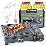Ocakko Gasgrill für Kartuschen und Gasflaschen Camping Gaskocher mit Rost Grillplatte + Schaschlikspieße | Campinggrill mit 8 Gaskartuschen