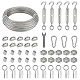 Drahtseil Edelstahl Set 60pcs, 35m/2mm Stahlseil für Rankhilfe mit M5 Spannschloss Seilspanner, Ösenschraube/Ringschraube Augen Schraubösen, Seilkauschen, Alu Seilklemmen, Drahtseilklemmen