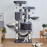 MSmask Stabiler Kratzbaum, Kratzbaum groß mit 2 Plattformen, Katzenbaum für Große Katzen, mit großer Höhle, Sisalstämme, Natur Sisal Katzenkratzbaum, Hellgrau