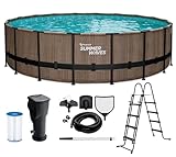 Summer Waves Frame Pool Komplettset | Rund 549x132 cm Teak Optik Braun | Aufstellpool Set | Gartenpool & Schwimmbecken inkl. Filterpumpe, Einstiegsleiter, Abdeckplane, Bodenvlies & Reinigungsset