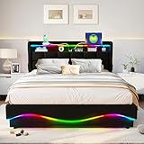 XMETPR All-in-One Aufbewahrungsbett 140x200cm mit USB/Type-C Ladestation, Mehrfarbiger LED-Beleuchtung, Kopfteil Ablage & Großem Stauraum unter dem Bett, Leder, Schwarz Bett