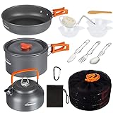 OVERMONT Camping Kochgeschirr Set Outdoor Geschirr Set Kochtopf Set Grillgeschirr Picknick Topf mit Kaffeekanne Teekanne Aluminium