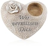 com-four® Grab-Dekoration in Herz-Form mit Rose - Gedenkstein mit Halter für Grabkerze oder Trauergesteck - wetterfester Grabschmuck - Trauerstein mit Gedenkspruch