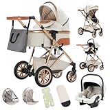 Gcarebb Kinderwagen 3 in 1, Kinderwagen Buggy Mit Auto Babyschale, Mit Höhenverstellbarer Kinderwagen Komplettset, KombiKinderwagen Mit Aluminiumrahmen für Neugeborene 0 bis 3 Jahre (Beige)