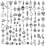 MINSHUXI 100 Stücke Charm Anhänger zum Schmuck Schmuckanhänger zum Basteln Vintage Anhänger Schmuckzubehör Silber Gemischte Charms für DIY Ohrringe Halskette Schmuckherstellung