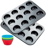 Dreamhigh 2er-Pack Muffinform, Muffins Backform für 12 Muffins, Muffin Backblech 35 x 26 cm, Antihaftbeschichtet, Karbonstahl, und 12 Silikon Muffinform Backförmchen