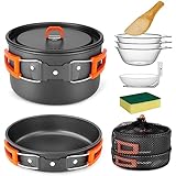 Odoland Camping Kochgeschirr Set, 9-Teilig Outdoor Geschirr Set mit Camping Topf 2L, Camping Bratpfanne 0.7L für Camping Outdoor Kochen Wandern Reisen