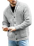 Runcati Strickjacke Herren Grobstrick Cardigan Lässig Schalkragen Langarm Knopfleiste Strickpullover Tops, Grau, XL