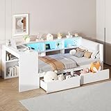 SUKY Holz-Plattformbett, 90x200cm mit Ablageflächen, Weiß, Schubladen, Ladestation und gepolstertem Kopfteil, Mit bunten LED-Leuchten