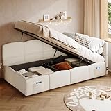 Generisch Polsterbett, Bett,Einzelbett, Stauraumbett, Schlafsofa 90x200 cm, mit Lattenrost,Bouclé-Stoff, USB-Ladegerät, Stautasche, Jugendbett und Erwachsenen-Bett, beige (ohne Matratze)