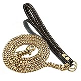 QIUYMGFG Hundeleine Verstellbare Führleine Goldene Silberne Edelstahlkette mit schwarzer Lederleine für das Training von Haustieren(Golden-100cm)