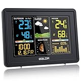 BALDR Wetterstation Funk mit Außensensor, Digital Farbdisplay DCF-Funkuhr Innen und Außen Thermometer Hygrometer, Funkwetterstation mit Wettervorhersage, Barometer und Mondphase, Netzteil