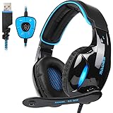 SADES SA902 Stereo Gaming Headset 7.1 USB Surround Sound PC Headsets Over-Ear Gaming Kopfhörer mit Mikrofon LED-Licht Schwarz Blau