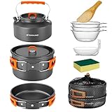 Odoland Camping Kochgeschirr Set, 10 Teilige Outdoor Geschirr Set mit Camping Topf 2L, Camping Bratpfanne 0.7L und Teekannen 1.1L für Camping Outdoor Kochen Wandern Reisen