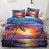 WQIZXCW Palmen Bettwäsche 135x200 - Hawaii Sonnenuntergang Strand Motiv, Weiche und Angenehme Microfaser Bettbezug Set 2 Teilig, 1 Kissenbezug 80x80, mit Reißverschluss, Wendebettwäsche & Zimmer Deko
