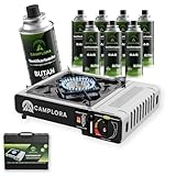 CAMPLORA Gaskocher + 8 Gaskartuschen + Tragekoffer mit Piezozündung - Campingkocher 2,2 kW - inkl. Sicherheitsabschaltung - Gaskocher Camping, Camping Kocher 1 flammig MSF-1a