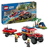 Lego 60412 City Feuerwehrgeländewagen mit Rettungsboot, Offroad-Auto-Spielzeug für Kinder ab 5 Jahren, Rettungswagen mit Schlauchboot, Anhänger, Zelt und 3 Minifiguren, Geschenk für Jungs und Mädchen