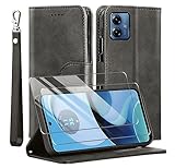 MQERYBV Kompatibel mit Motorola Moto G14 Hülle, Leder Flip Stoßfeste Handyhülle, Magnetische Schutzhülle Silikon TPU [Kartenfach][Standfunktion][2X Displayschutzfolie] Case -Schwarz