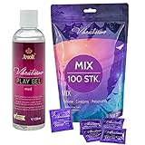 VIBRATISSIMO Kondome Mix 100er Pack gemischt & Gleitgel Set I gefühlsecht & extra feucht I Kondom-Beutel dünne Wandstärke & Aromatisiert I Kondome hauchzart genoppt & gerippt