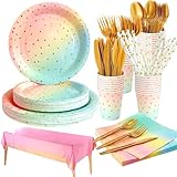 LOVICVKEM 161Stück Partygeschirr Kindergeburtstag, Regenbogen Partyzubehör Pappteller Set, Wiederverwendbar Papier Geschirr Set mit Teller Becher Servietten Strohhalme Gabellöffel - 20 Gäste