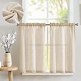 TOPICK Scheibengardinen Leinenmischung Bistrogardine für Wohnzimmer Küche Kleine Fenster Halbtransparent Lichtfilterung Kurz Gardinen Moderne Landhaus Scheibengardinen Tunnelzug 2er Set 65x60 cm Natur