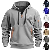 Cargo-Kapuzenpullover für Herren, Fleece, halber Reißverschluss, lässiger Kapuzenpullover, langärmelig, Viertelreißverschluss, Sweatshirt, Outdoor, mehrere Taschen, Kapuzenpullover für Sport, Militär