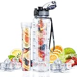 UTEBIT Wasserflasche mit Fruchteinsatz, Große Sport Wasserflasche BPA-frei für Männer Frauen Fitnessstudio Fahrrad Laufen Golf Fußball (Transparent, 1L)