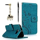 Badalink Hülle für Samsung Galaxy S6 Edge Schutzhülle Flip Bunt PU Leder Ledertasche Wallet Case Brieftasche mit Magnetverschluss Carving Reben Blumen Schmetterling Butterfly Muster Cover Handyhülle Schale Halter Falten Standfunktion und Cardslots Kredit Karte Kartenfächer Blau Blue Eingabestift Staubstecker