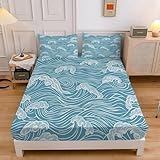 Spannbettlaken 160x200cm Wellen Spannbetttuch Spray Bettlaken Boxspringbett mit Gummizug Spannbettuch Mikrofaser für Matratzen von 30 cm Mit 2 Kissenbezüge 80x80 cm