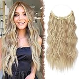 FESHFEN Secrets Hair Extensions Lange Gewellt Haarverlängerung Invisible Secret Haarextension Synthetik Haare Unsichtbarem Haarteile für Frauen Dunkelgoldene Mix Beigeblond 40 cm