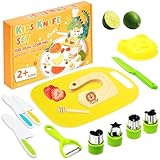Macmoon 13 teiliges Kindermesser Set Kinder Sicherheit Küchenmesser mit Gemüse Ausstechformen, Holzmesser, Schneidebrett - für Kinder (13 Stück gelber Löwe)