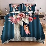 Fotmung Bettwäsche 180x200 Gans mit Blume, Bettwäsche - Set 3 Teilig 100% Mikrofaser für Kinder Erwachsene, Bettbezüge 200 x 220 cm + 2 Kissenbezüge 80 x 80 cm mit Reißverschluss