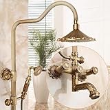 LMXRYPD Duschsystem aus Antikem Messing, 3-Funktions-Duschsystem mit Freiliegendem Rohr, 21 cm Oberbrause, Handbrause und Drehbarem Wasserhahn, Wandmontierte(A2)