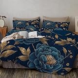 Retro-Blumenmuster Bettwäsche 240x260 cm Bettwäsche Sets mit 2 Kissenbezüge 80x80cm Wendebettwäsche Bedding Indigo Pfingstrosenblüten und Blätter mit Reißverschluss