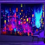 VeiVian Blacklight Punk Cityscape Tapisserie, UV-reaktiver japanischer Anime-Wandteppich, Neon, futuristischer Wolkenkratzer, Stadt-Stil, Landschaft, Tapisserie für Schlafzimmer, Wohnheim, Wohnzimmer,