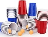 MOZOOSON Bierpong Becher Set, Beer Pong Becher, 100 Stück Becher + 10 Bälle, Red Cups 473ml 16oz Plastikbecher, Mehrwegbecher Rote Becher Blaue Becher, Partybecher für All Party