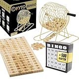Kyto Großes Bingo Spiel Gold Metalltrommel 150 Chips, 75 Bingo Kugeln und Spielbrett aus Holz, 18 stabile Bingokarten + 500 Bingokarten Papier Erwachsene Kinder