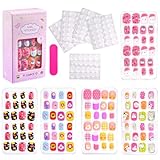 Virellay 120 Stücke Kinder Nägel - Fingernägel zum Aufkleben für Mädchen mit Jelly Kleber - 5 Verschiedene Designs Kunstnägel Kinder, Schönes Geschenk für Mädchen (TD153-3, 120 pcs)