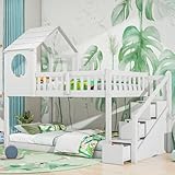 FEZTOY Baumhaus Kinderbett 90 x 200 mit 3 Treppe & Schubladen, Hochbett für 2 Kinder mit Rausfallschutz,Etagenbett,Massivholz Funktionsbett,Jugendbett,Hausbett,Stockbett, Keine Matratze