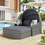 Jtyca Gartenlounge Set, Sonneninsel mit Verstellbarem Baldachin, Doppel-Lounge mit 4 Kissen und Abnehmbarem, Kissenbezug für Garten & Pool, PE-Rattan, Grau