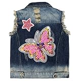 Yao 4–10 Jahre Kleinkind Mädchen Denim Pailletten Weste Distressed Jeansjacke (Schmetterling, 7-8 Jahre)