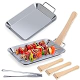 VOSSOT Grillschalen Set Edelstahl für Gasgrill – 2X Grillpfännchen mit 4 Holzgriffen & 1 Grillzange – Wiederverwendbare Grillpfanne für Gemüse Fisch Fleisch BBQ