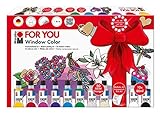 Marabu 0406000000116 - Window Color fun & fancy, For You, Transparentfarbe auf Wasserbasis, wieder abziehbar von glatten Oberflächen, 10 x 80 ml Farbe, Schmucksteine, 2 Malvorlagen A3 und Folie A3