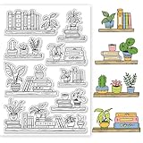 GLOBLELAND Transparente Stempel Mit Topf Bücherregal Buch Und Pflanzenprägestempel Transparente Silikonstempel Siegel Für DIY Scrapbooking Und Kartenherstellung Papierhandwerk Dekor