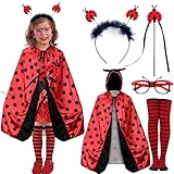 LEACCO Marienkäfer Kostüm Kinder Mädchen 110-134 Marienkäfer Accessoires Haarreif Brille Socken Zauberstab Faschings Karneval Kostüm Marienkäfer Kleidung Umhang Mädchen Kinder 5-8 Jahre